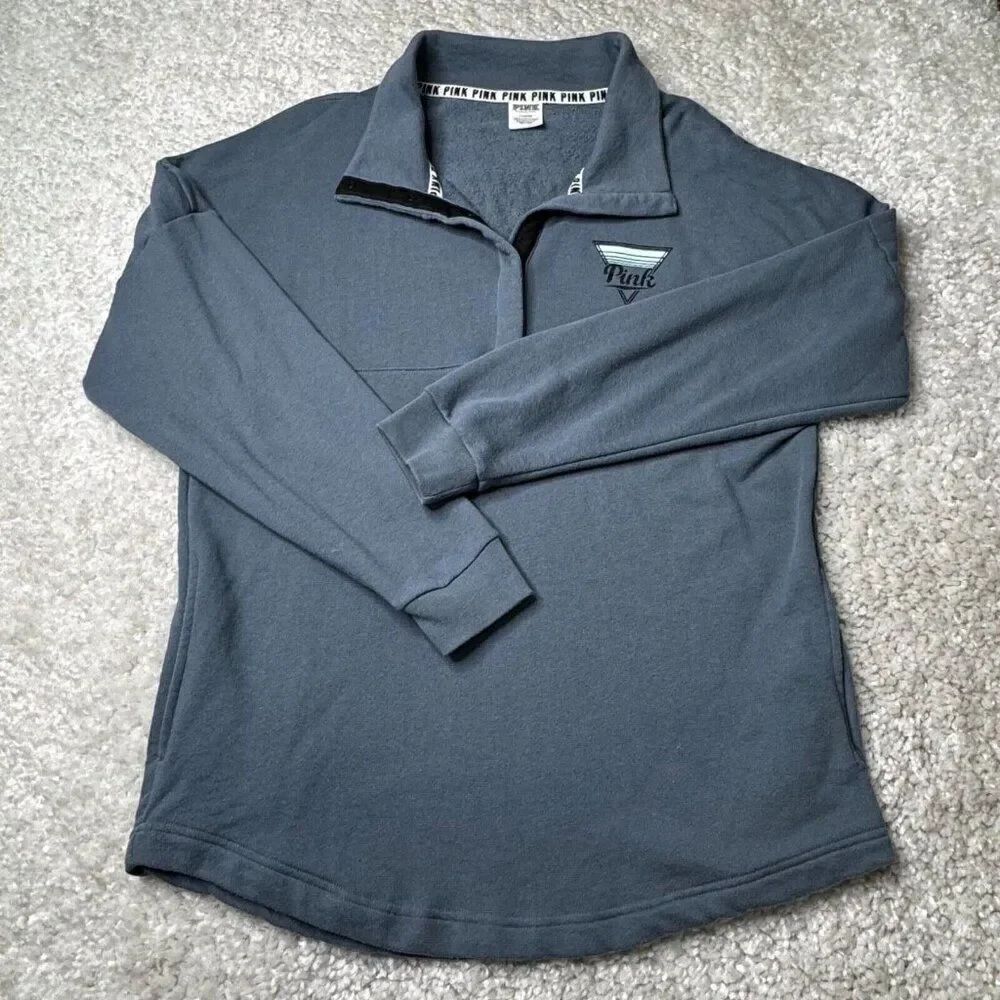Victoria's Secret Pink Varsity Snap Button Tunic Sweatshirt Blue